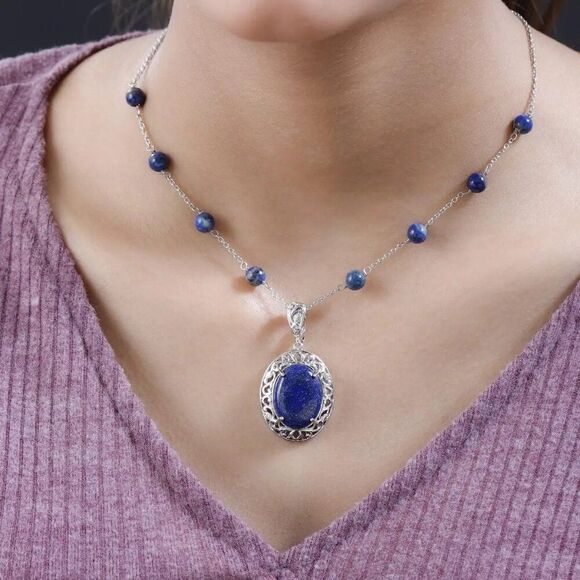 Karis, New, Stamped, Blue Lapis Lazuli Necklace, 18 Inches, Platinum Plating. - Picture 4 of 6